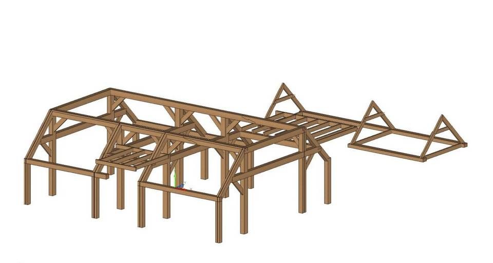 Een 3D-model van een houten structuur op een witte achtergrond.