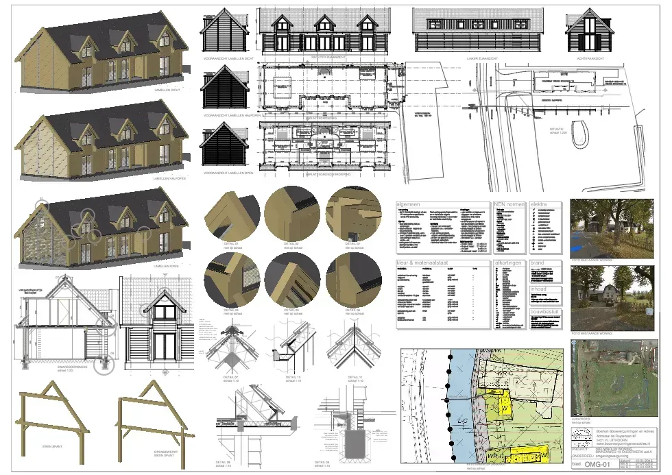Een aantal tekeningen van huizen en bomen op een witte achtergrond