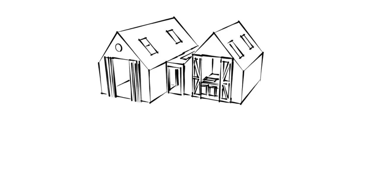 Een zwart-wit tekening van twee huizen op een witte achtergrond.