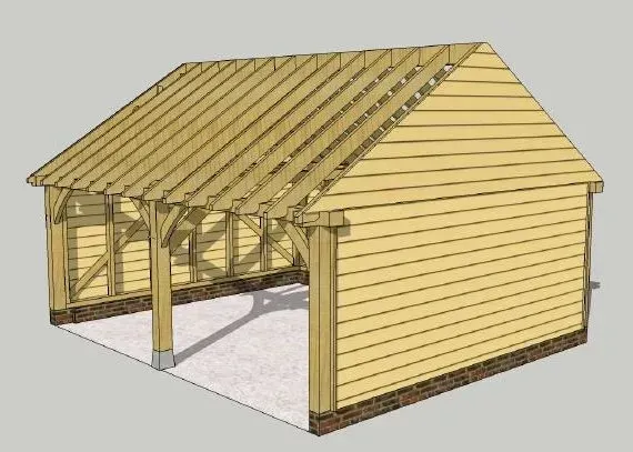 Een 3D-model van een houten garage met dak.