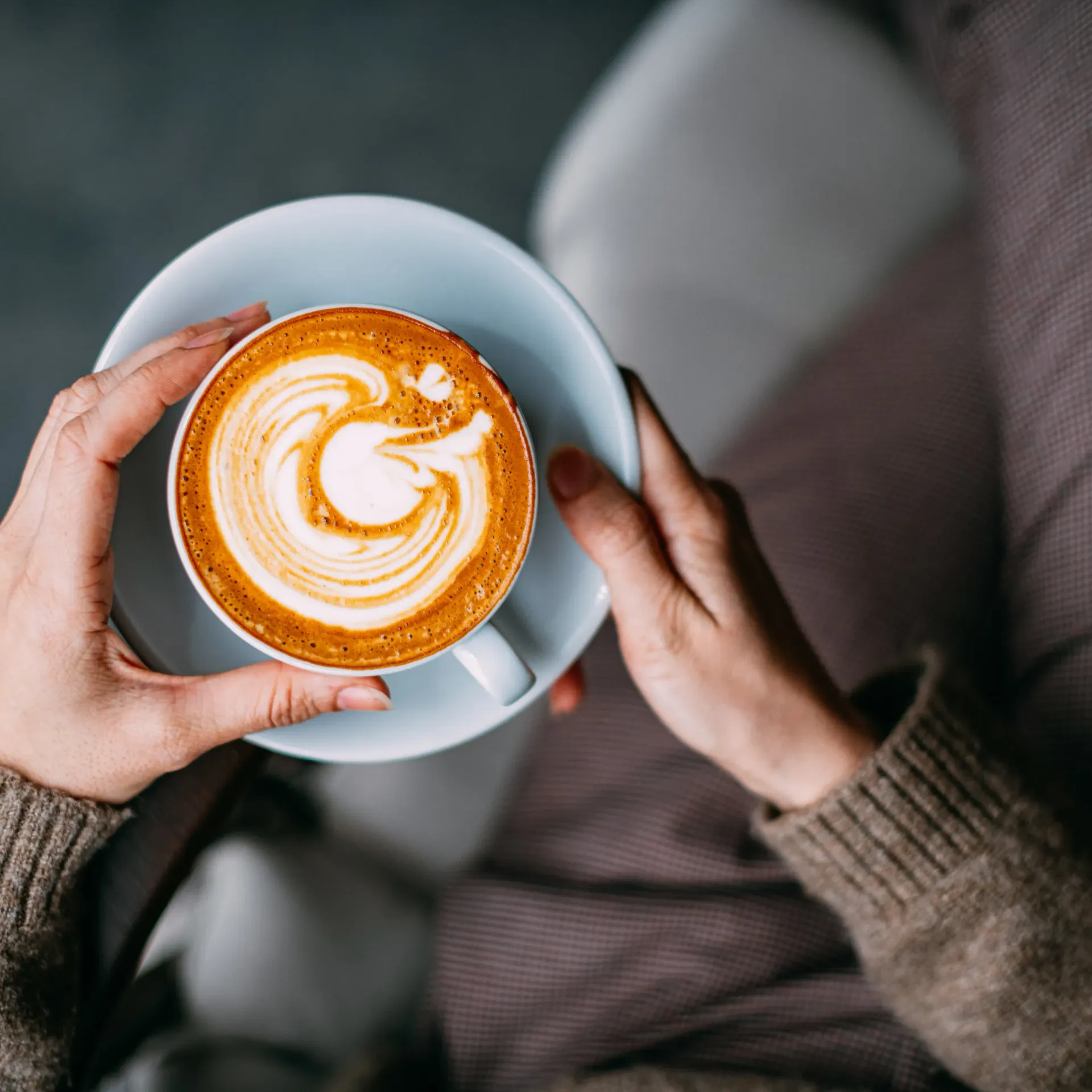 A person is holding a cup of cappuccino in their hands.