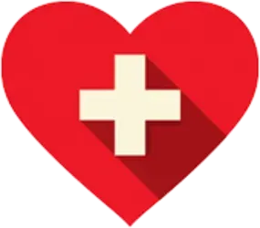 A red heart with a white cross inside of it