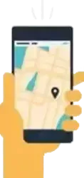 A hand is holding a cell phone with a map on the screen.