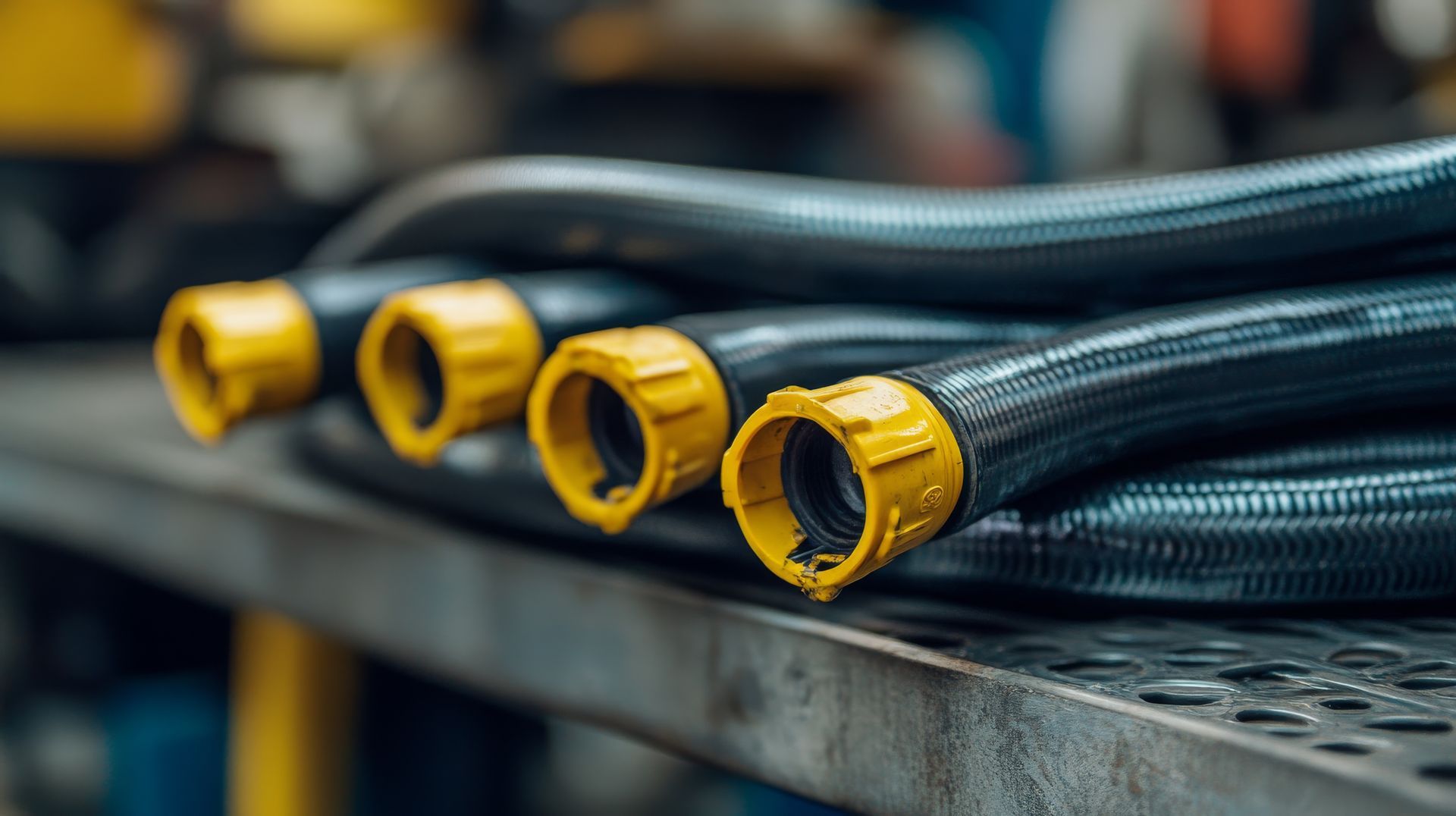 Des tuyaux ondulés noirs enroulés, munis de raccords à vis jaune vif, reposent sur un établi métallique.