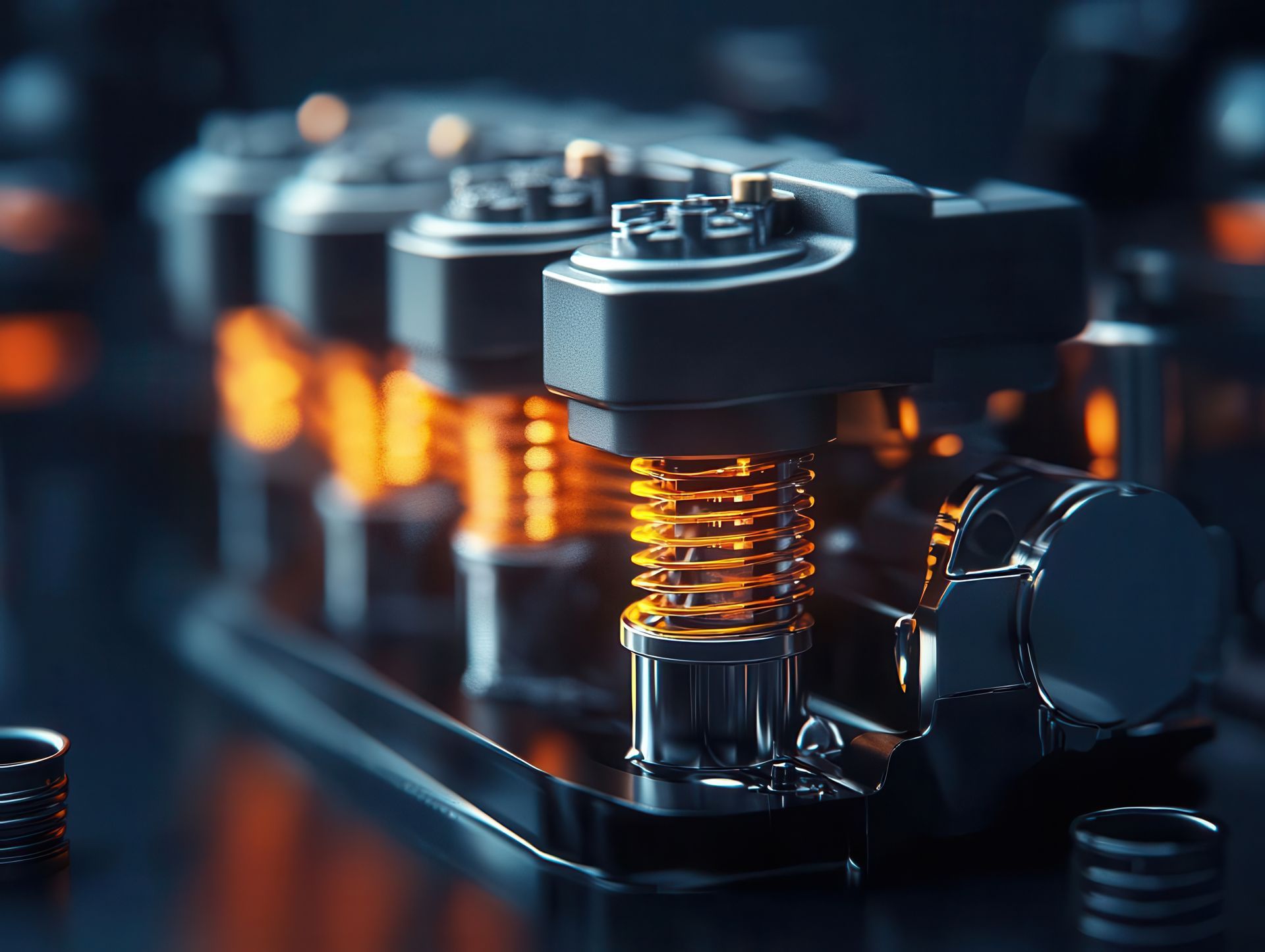 Une rangée de soupapes de moteur métalliques aux ressorts orange incandescents se détache sur un fond industriel sombre.