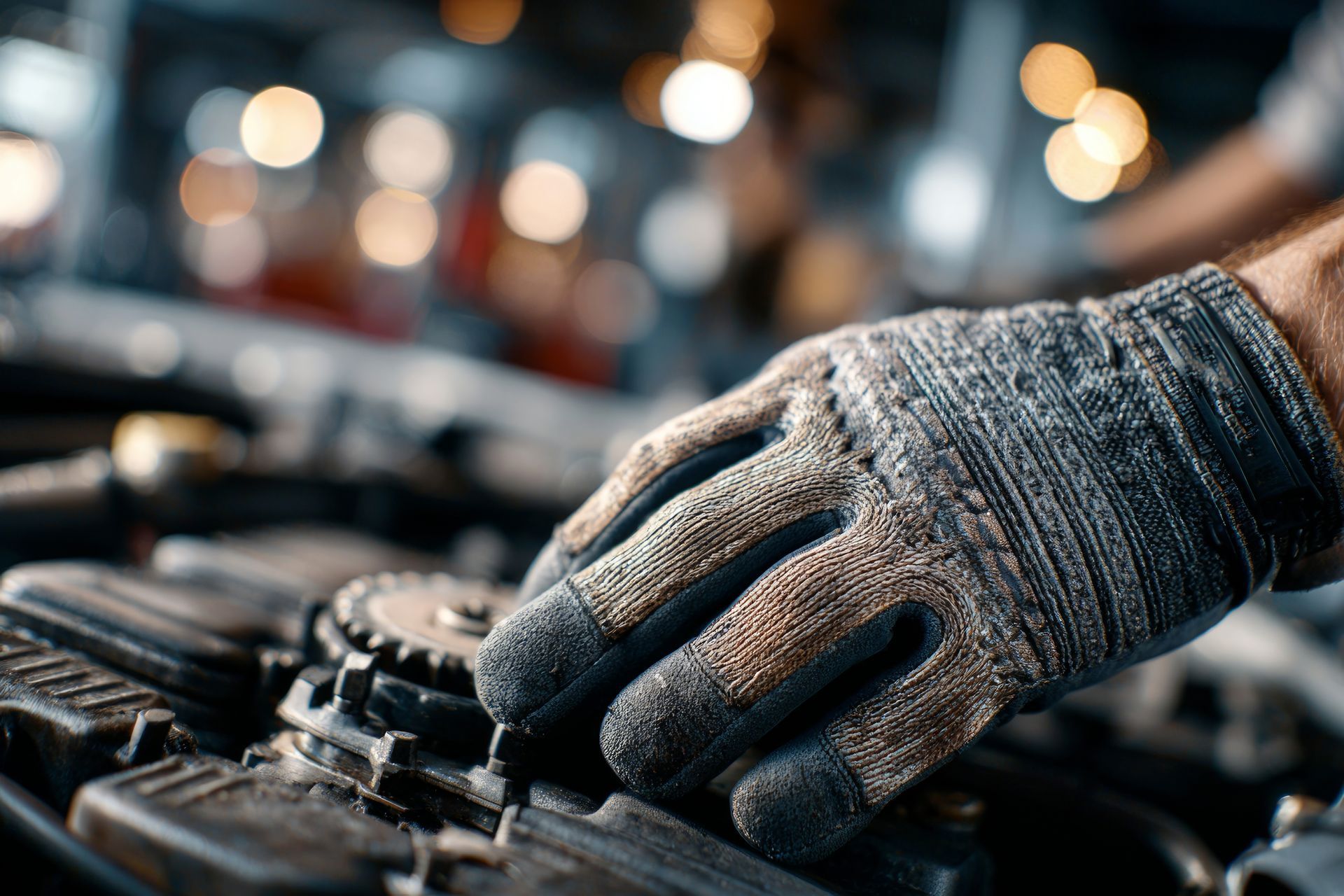 Une main gantée travaille sur une pièce sombre d'un moteur dans un atelier automobile à l'ambiance floue.