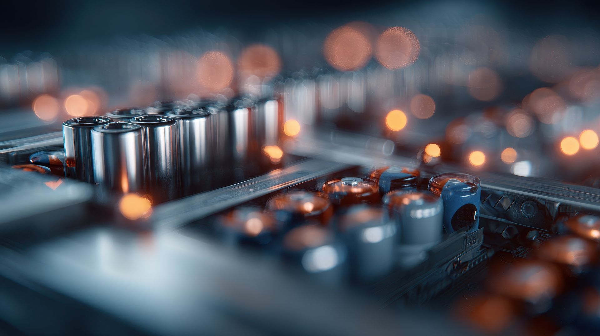 Gros plan sur des composants industriels métalliques avec une faible profondeur de champ et des lumières bokeh orange douces et lumineuses en arrière-plan.