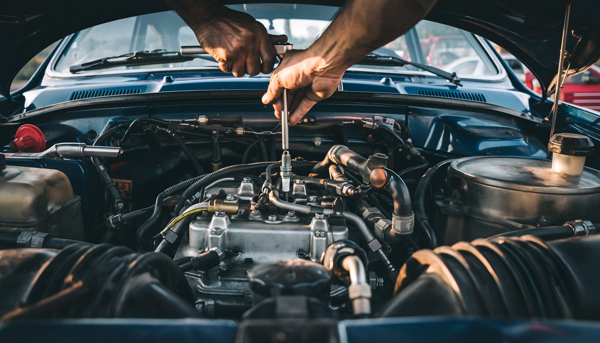 Les mains d'un mécanicien manipulant un outil sur le moteur apparent d'une voiture bleue.
