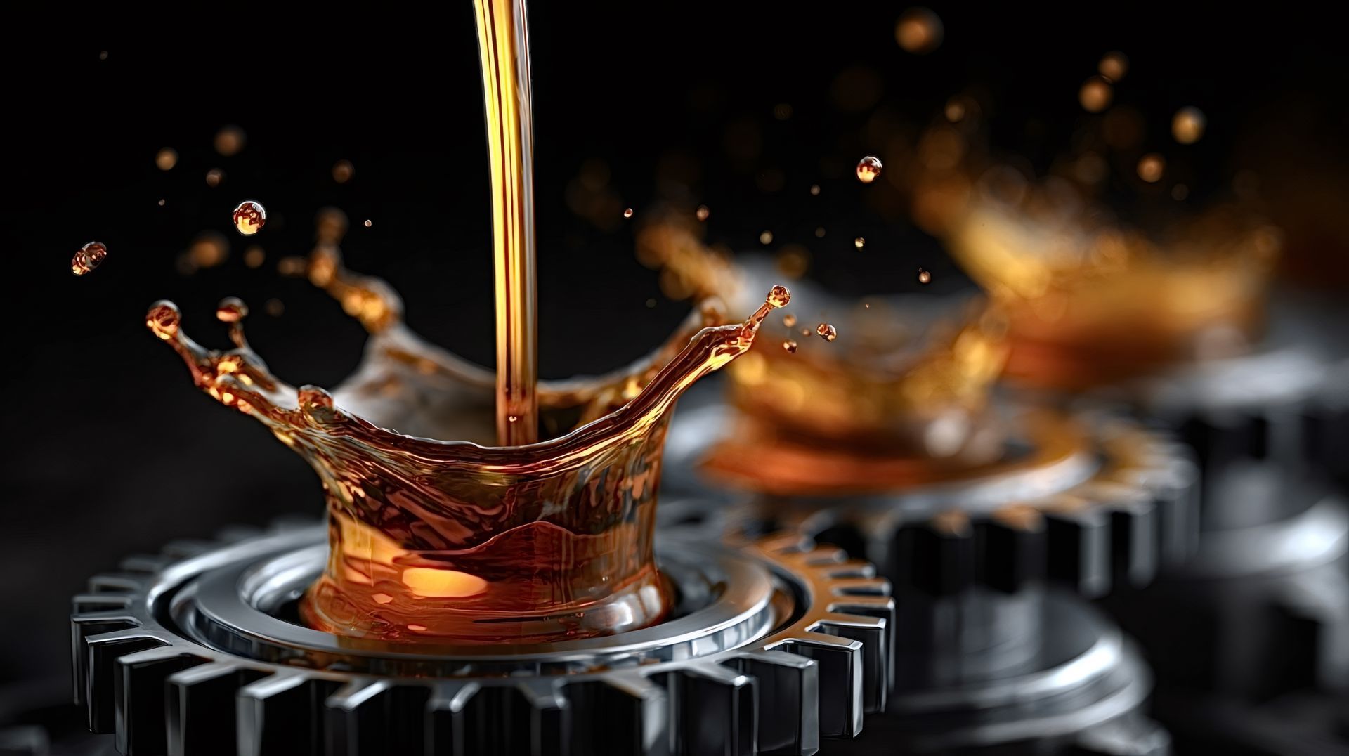 De l'huile de couleur ambrée se déverse sur un engrenage métallique, créant une éclaboussure en forme de couronne dans un décor industriel sombre.