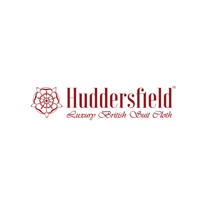 A logo for huddersfield luxury british suit cloth