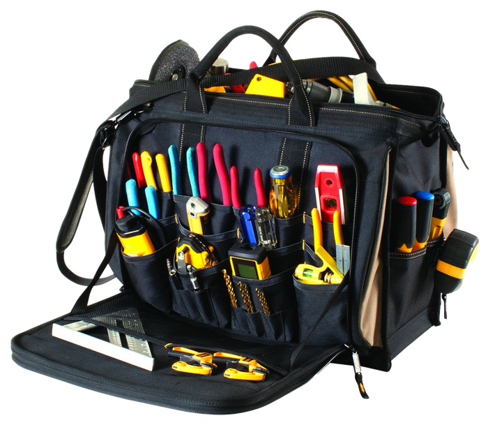 A black tool bag filled with lots of tools