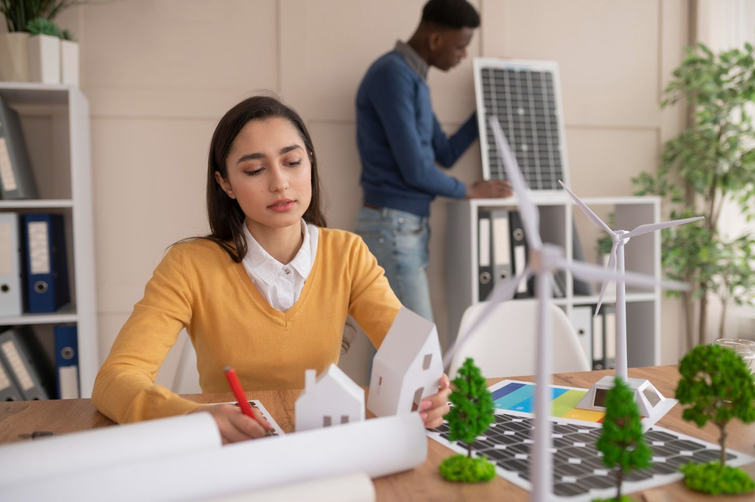 A woman is sitting at a table with a model of a house and a man is standing behind her.
