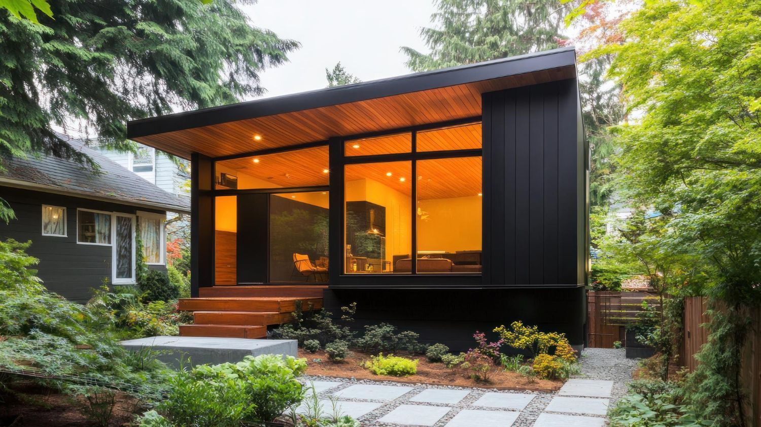 Modern black house with large windows, wood accents, and a stone pathway.