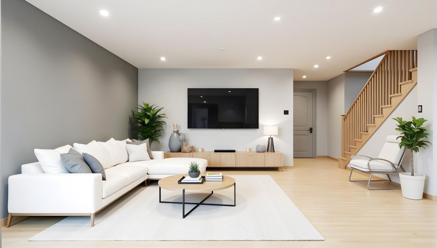 A living room with a couch, coffee table, television and stairs.