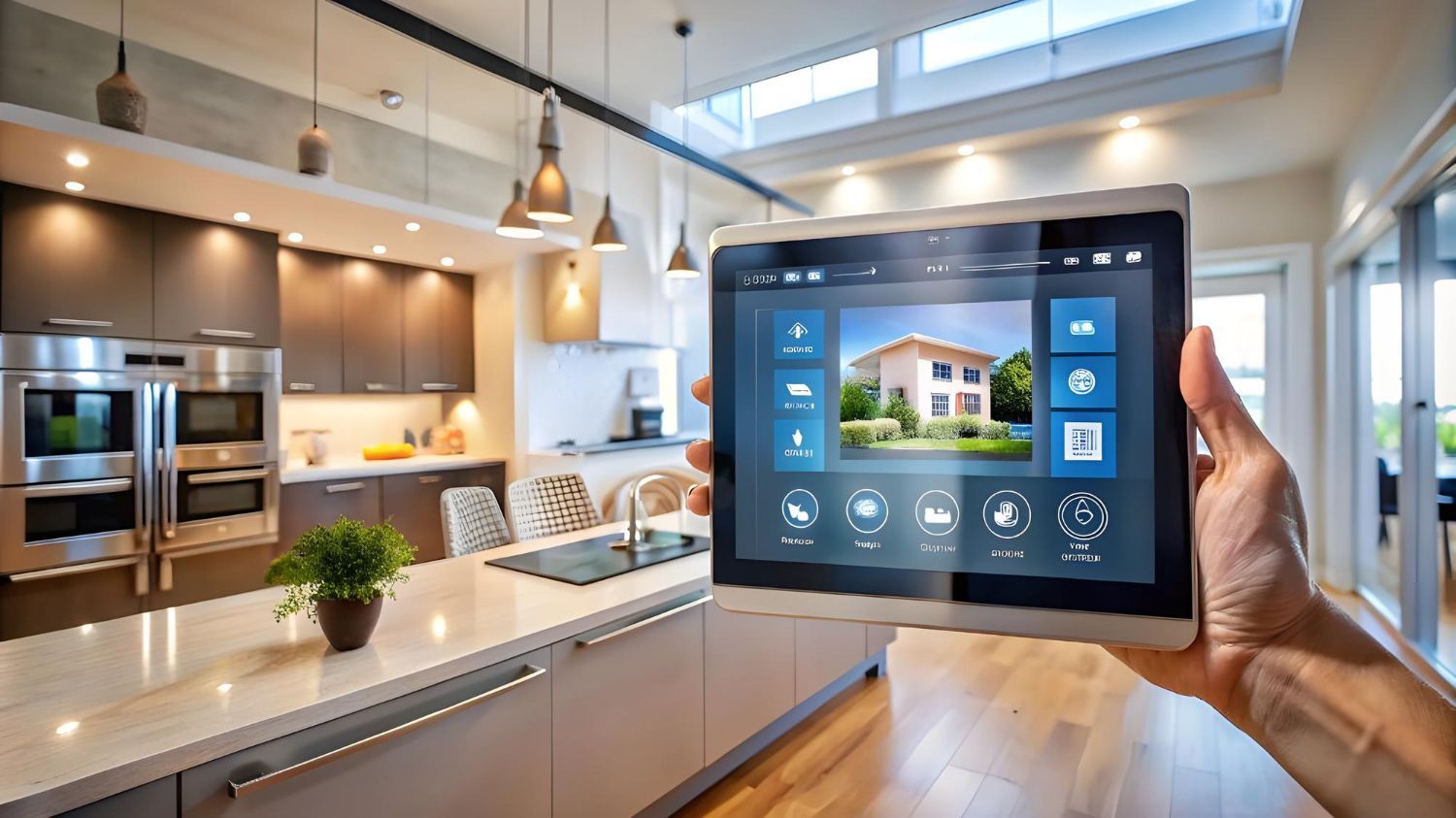 A person is holding a tablet in front of a kitchen.