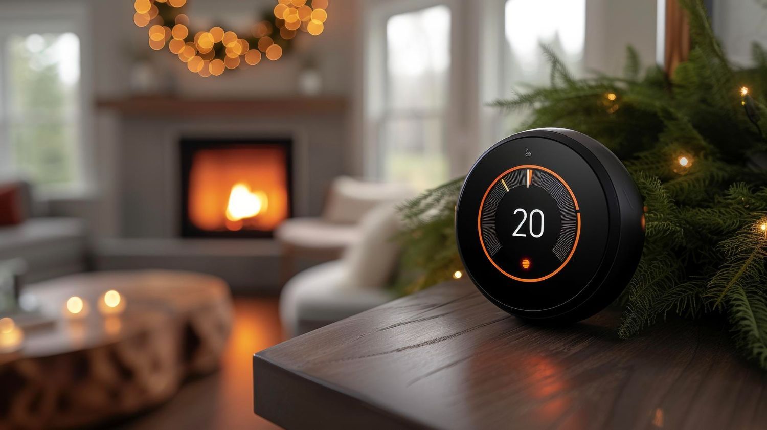 A black smart thermostat displaying