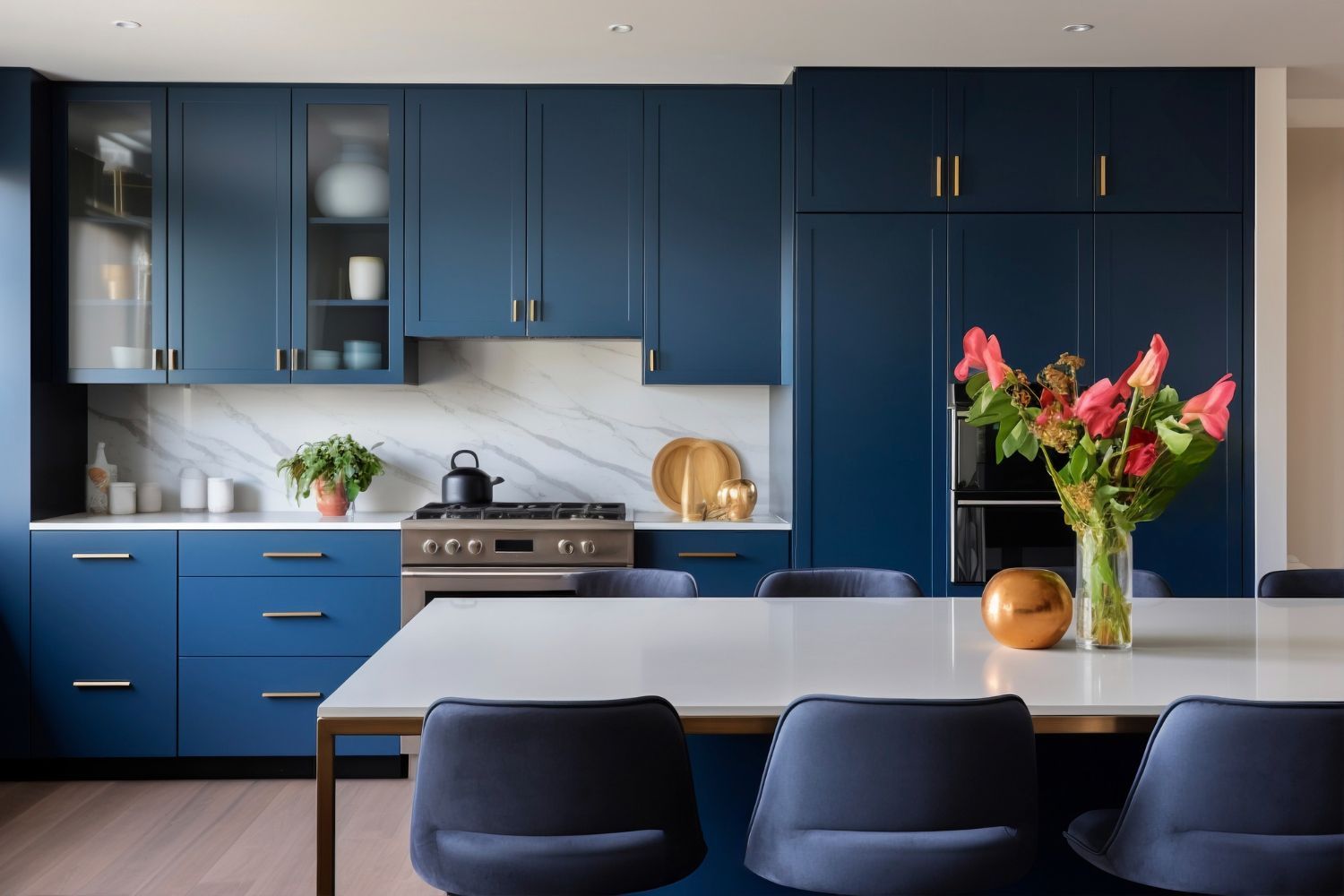 A kitchen with blue cabinets and a table with a vase of flowers on it.