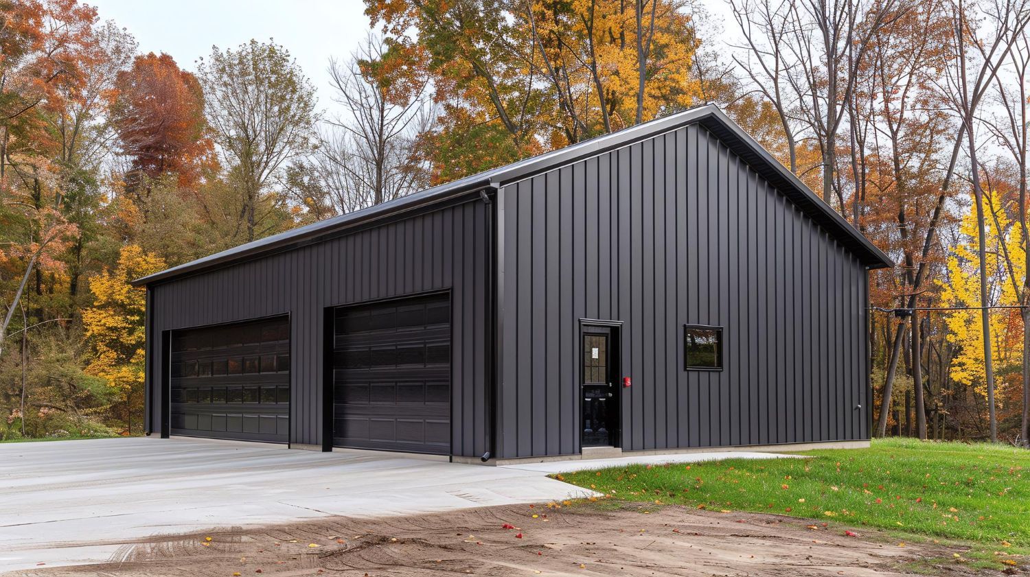 A black metal garage with three garage doors is sitting on top of a grassy hill.