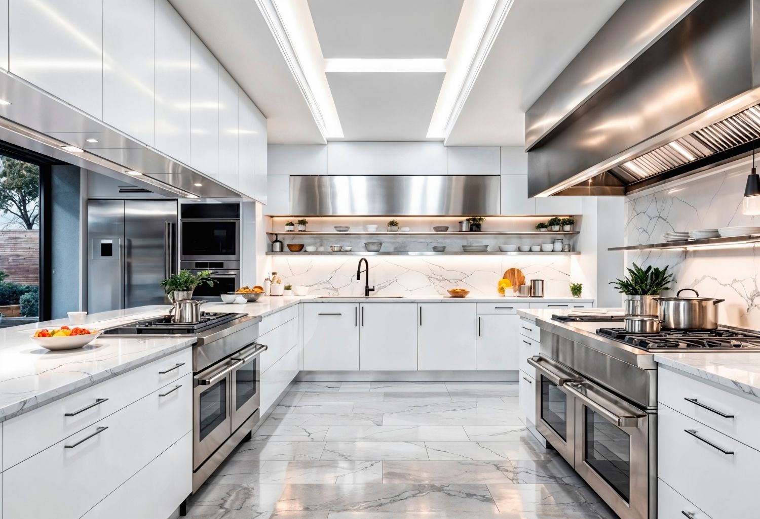 A kitchen with white cabinets and stainless steel appliances.