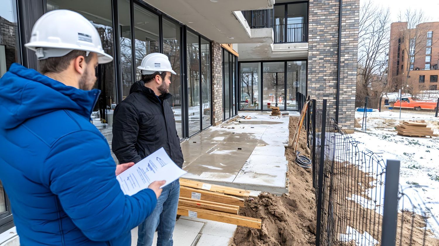 Two construction workers in hard hats reviewing plans at a building site.