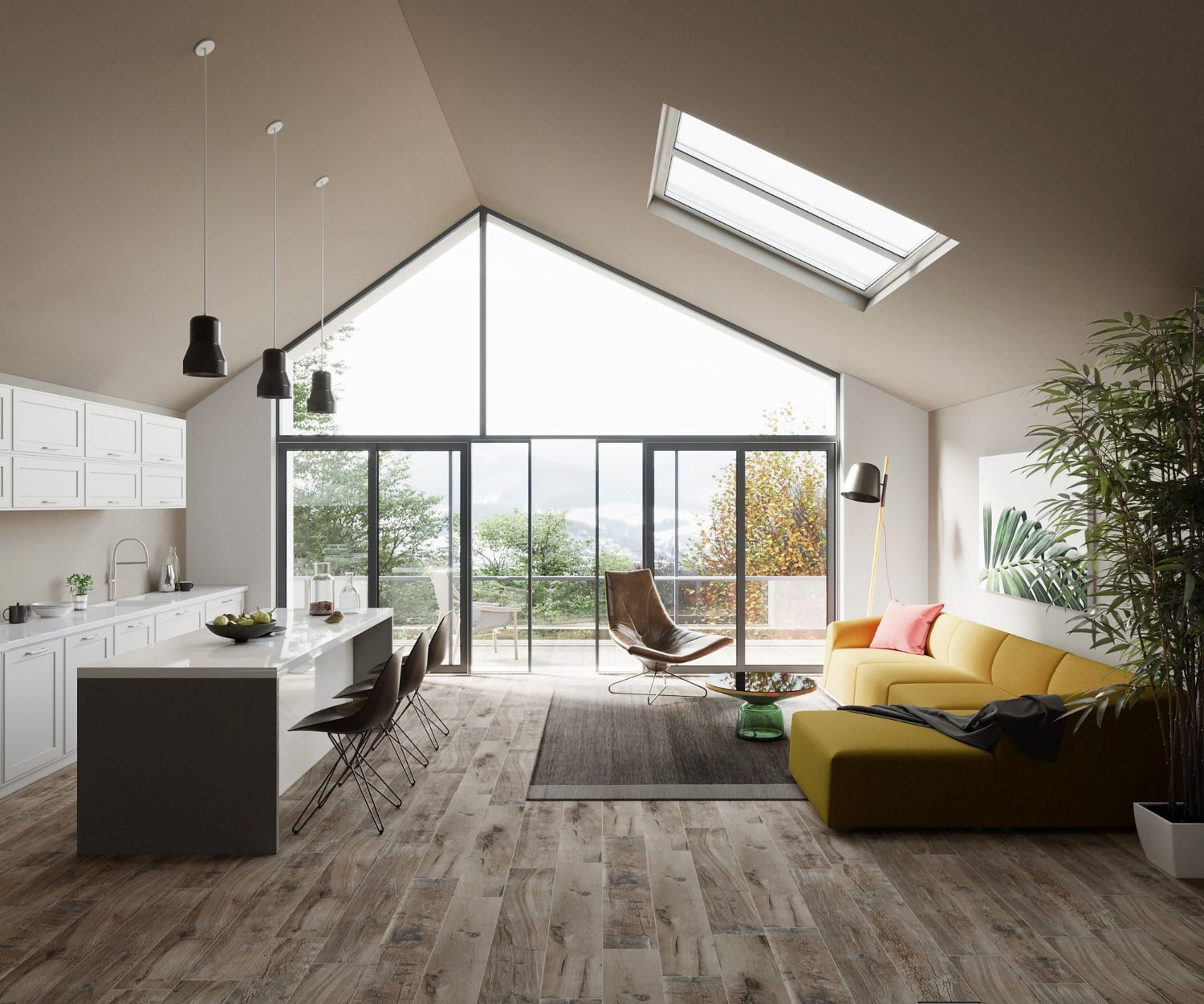 A living room with a yellow couch and a skylight