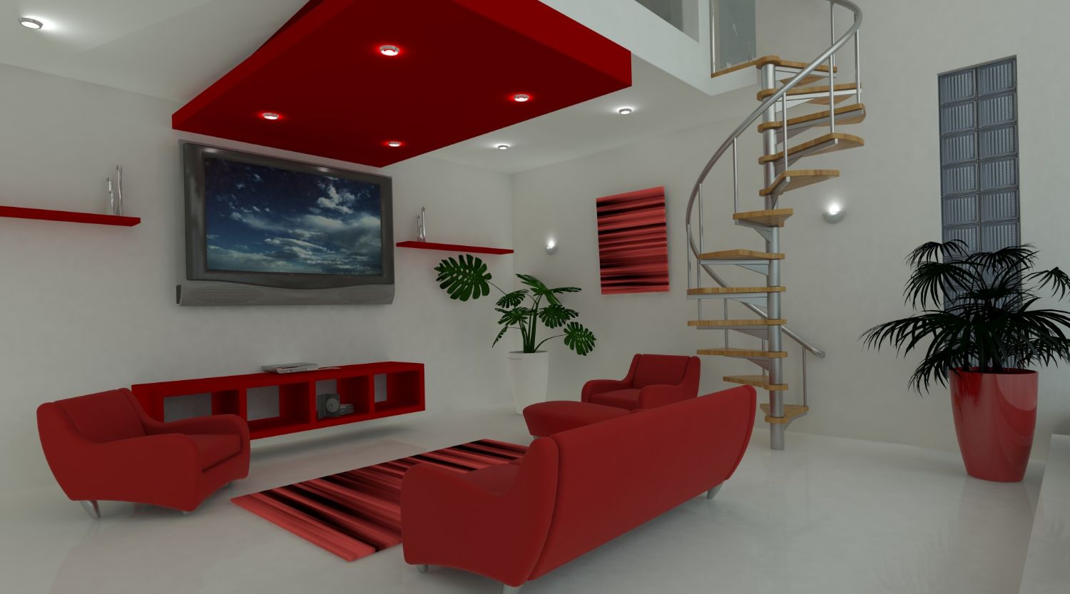 A living room with red furniture and a spiral staircase