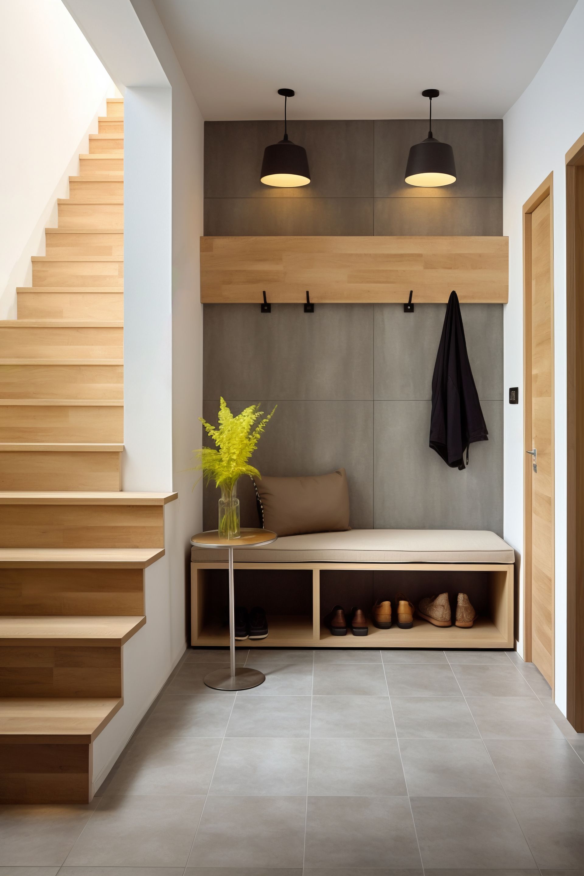 a hallway with wooden stairs and a wooden bench