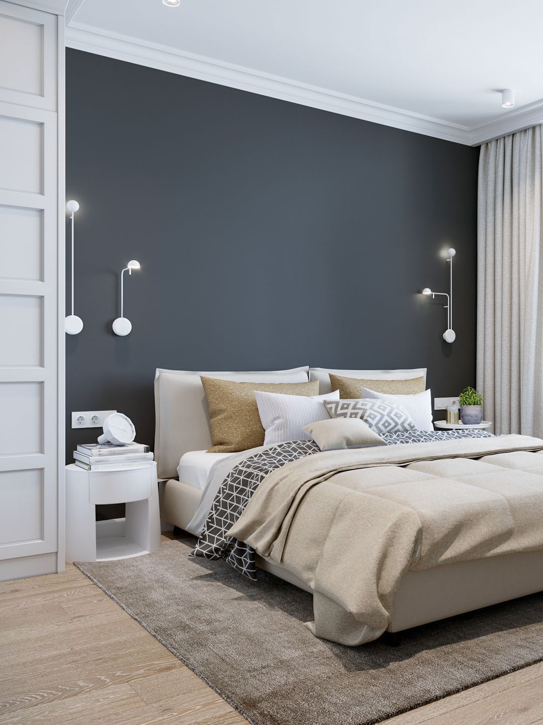 a bedroom with a black wall and a bed