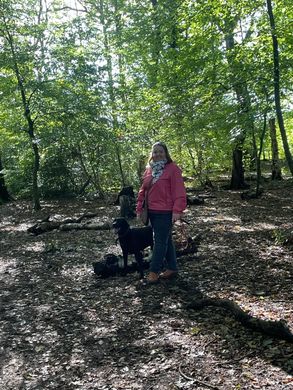 Dog walker from Muddy Paws adventures walking dog through woodland near Neston