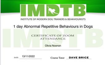 Institute of Modern Dog Trainers and Behaviourists certificate for Abnormal Repetitive Behaviours in Dogs course completed by Muddy Paws Adventures