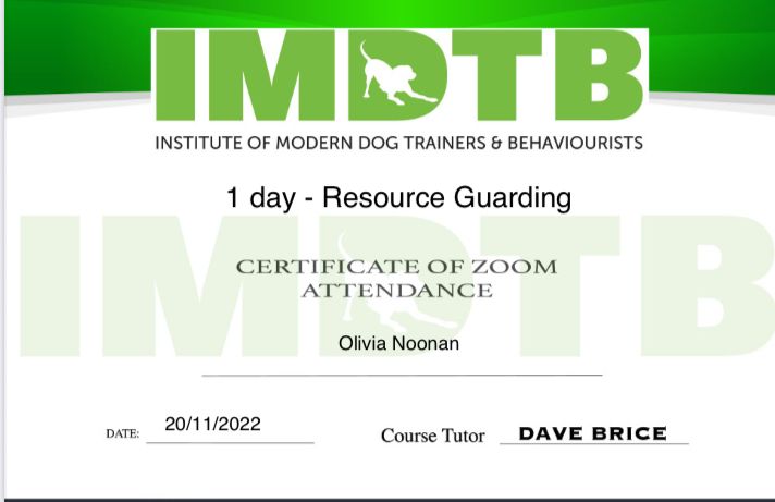 Institute of Modern Dog Trainers and Behaviourists certificate for Resource Guarding course completed by Muddy Paws Adventures