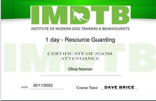 Institute of Modern Dog Trainers and Behaviourists certificate for Resource Guarding course completed by Muddy Paws Adventures