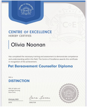 Centre of Excellence certificate awarded to Muddy Paws Adventures for canine bereavement