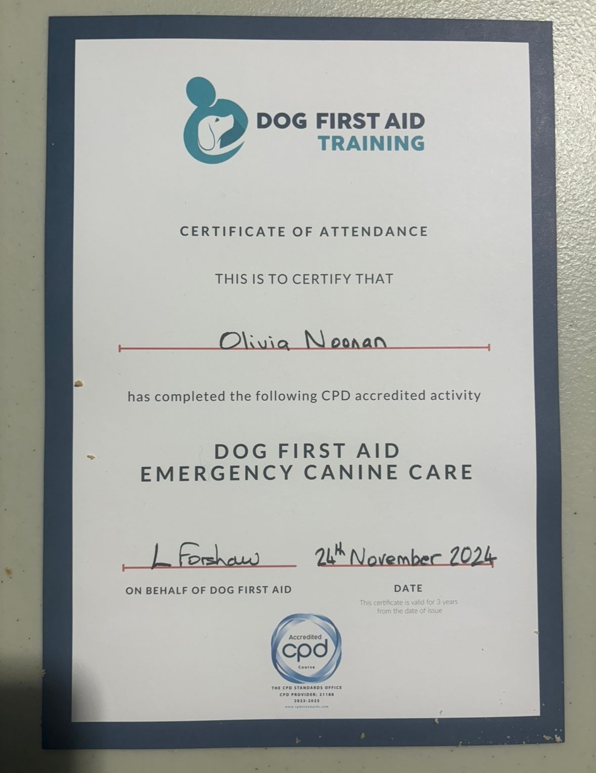 Dog First Aid Training certificate of attending held by Muddy Paws Adventures in Neston