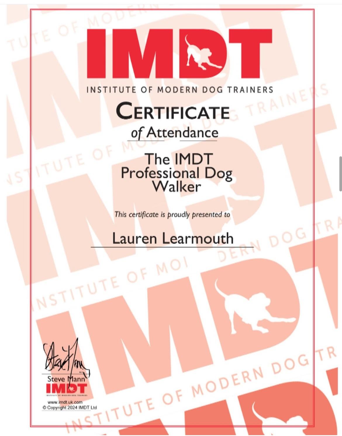 Institute of Modern dog trainers certificate for professional dog walker qualification earned by Muddy Paws Adventures