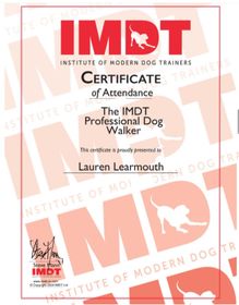 Institute of Modern dog trainers certificate for professional dog walker qualification earned by Muddy Paws Adventures