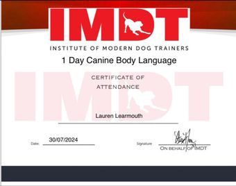 Institute of Modern dog trainers certificate for canine body language completed by Muddy Paws Adventures team member