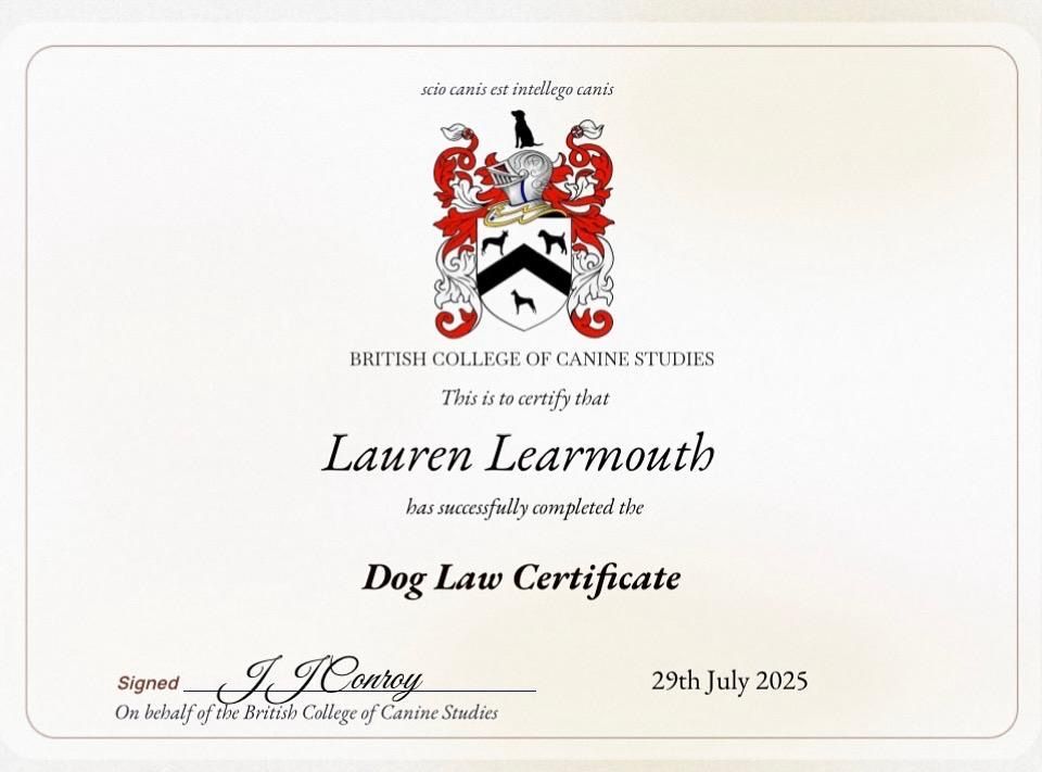 National College of canine studies dog law certificate awarded to Muddy Paws Adventures trainer Lauren Learmouth