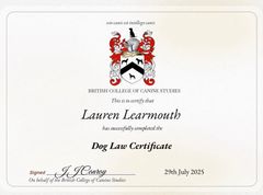 National College of canine studies dog law certificate awarded to Muddy Paws Adventures trainer Lauren Learmouth