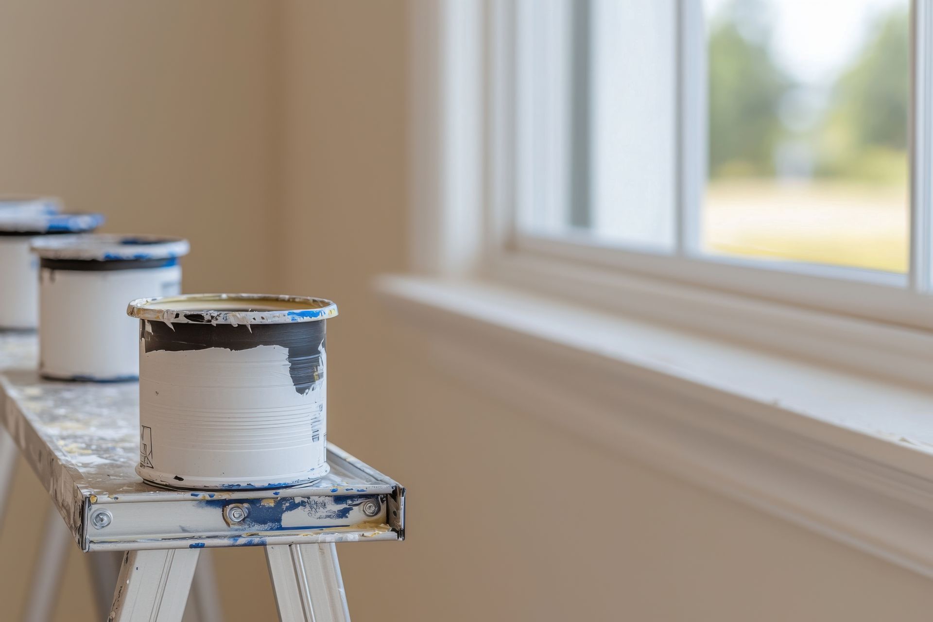 Paint cans on a work surface near a window in a room being painted; white walls and trim.