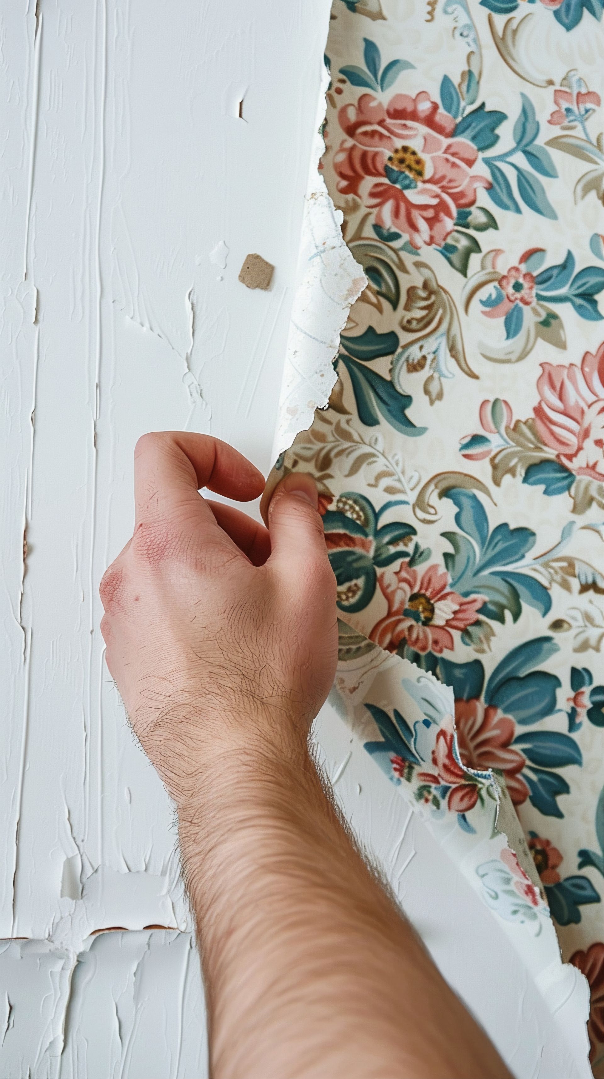 Hand peeling floral wallpaper from a white wall with peeling paint.