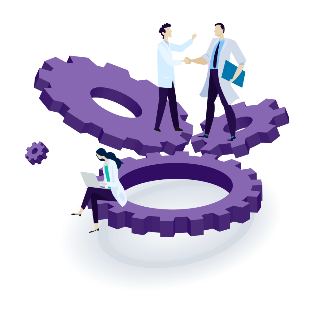 A group of people standing on top of purple gears.