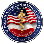 The logo for the american medical society has an american flag and a caduceus.