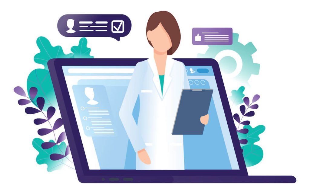 A female doctor is standing in front of a laptop computer holding a clipboard. A female doctor is standing in front of a laptop computer holding a clipboard.