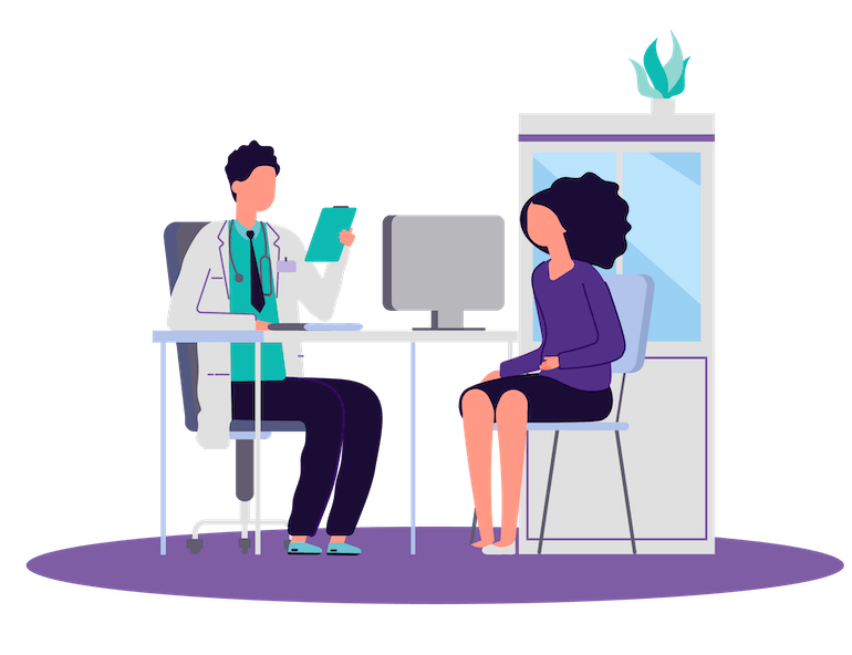 A doctor is talking to a patient who is sitting at a desk.