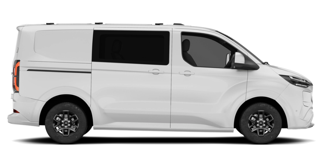 White cargo van, side view, on a white background. Black wheels and tinted windows.
