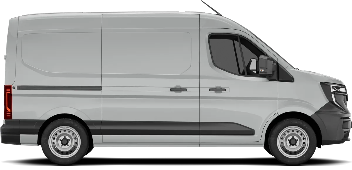 A side view of a white cargo van with black trim and a dark window.