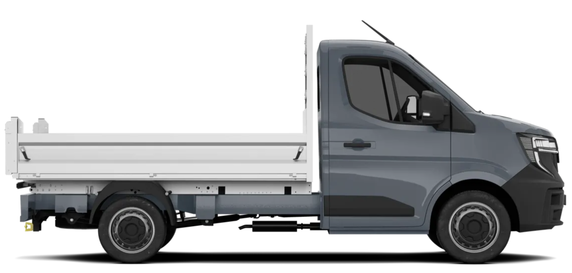 Side view of a gray dump truck with a white bed, against a white background.