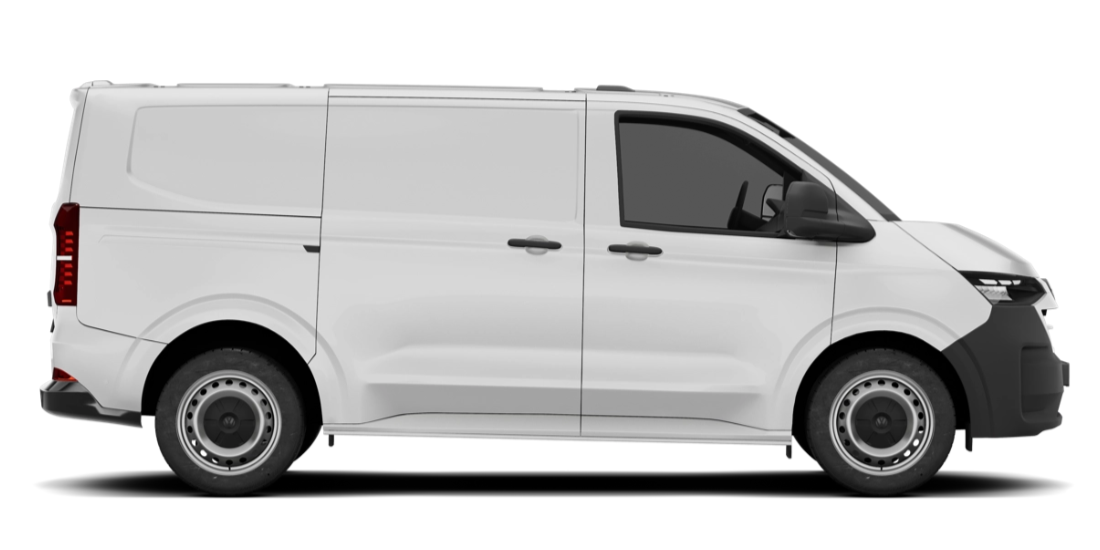 White cargo van with dark wheels on a white background.