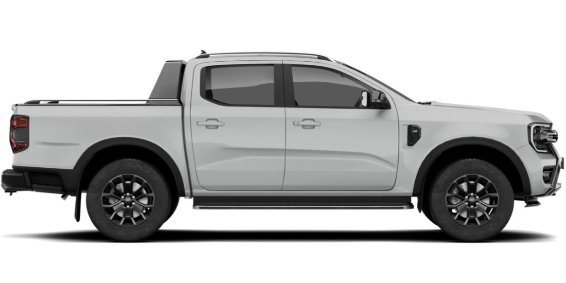 White Ford Ranger pickup truck in profile with black wheels and accents.